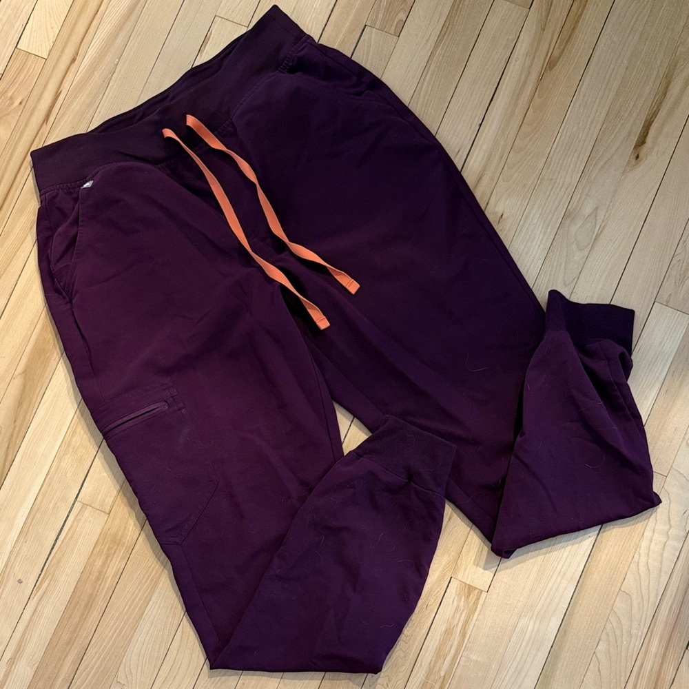 Figs Women's Zamora high waisted Plum Jogger Scrub Pants with Orange Drawstring